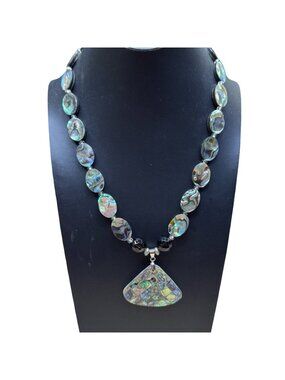 Vintage Mosaic Abalone Shell Bead Necklace Statement Pendant 18KGP Toggle Clasp